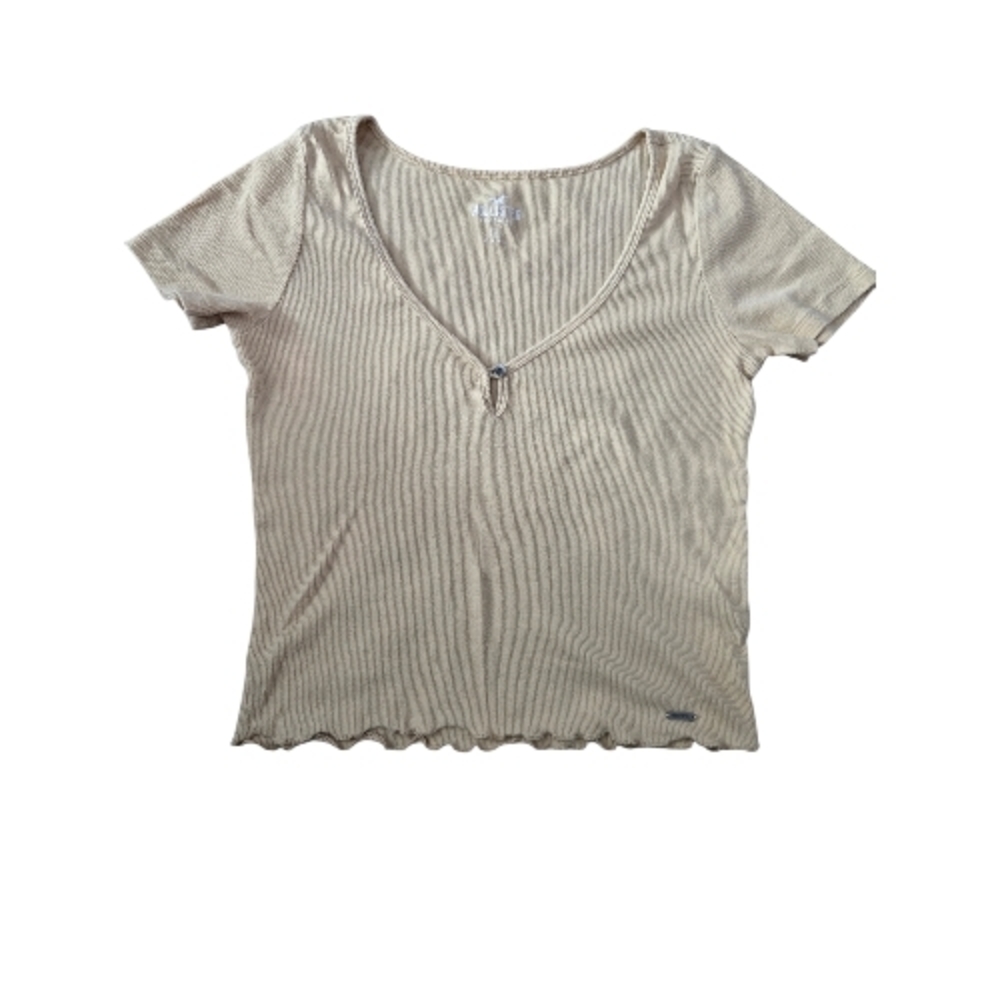 Hollister Cream Ribbed Short Sleeve Crop Top SMALL